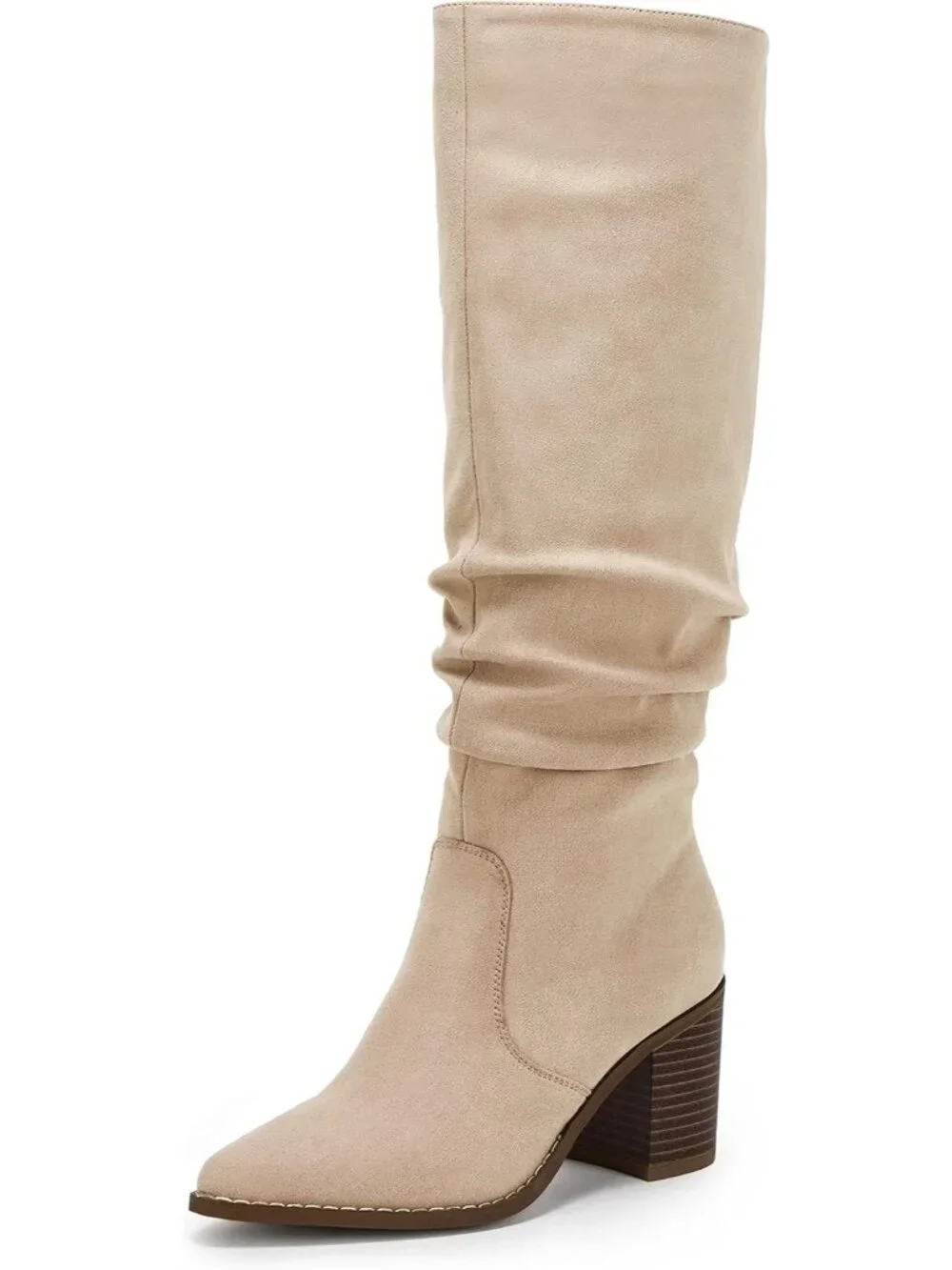 Women's Beige Pointed Toe Mid Chunky Heel Side Zipper Over The Knee Boots